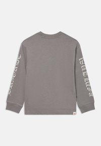 T-shirt grigio a maniche lunghe in tessuto di cotone. Presenta testo bianco su entrambe le maniche. Collo a giro standard e orlo cucito sulla parte inferiore.