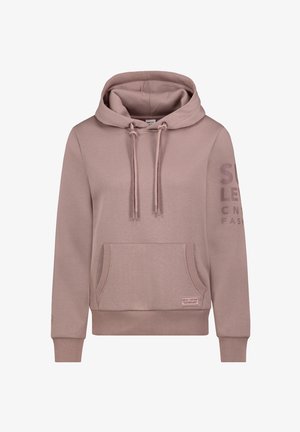 Light pink hoodie with a kangaroo pocket, drawstring hood, and ribbed cuffs. Features printed text on the left sleeve and logo patch.
