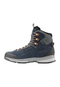 Stivale da trekking alto in suede blu navy e mesh grigio, con occhielli in rame, lati perforati e suola in gomma grigia con grip testurizzato.