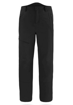 Schwarze Softshell-Hosen mit geradem Schnitt, Reißverschlusstaschen und verstärkten Knien. Hergestellt aus einem strapazierfähigen, wasserabweisenden Material.
