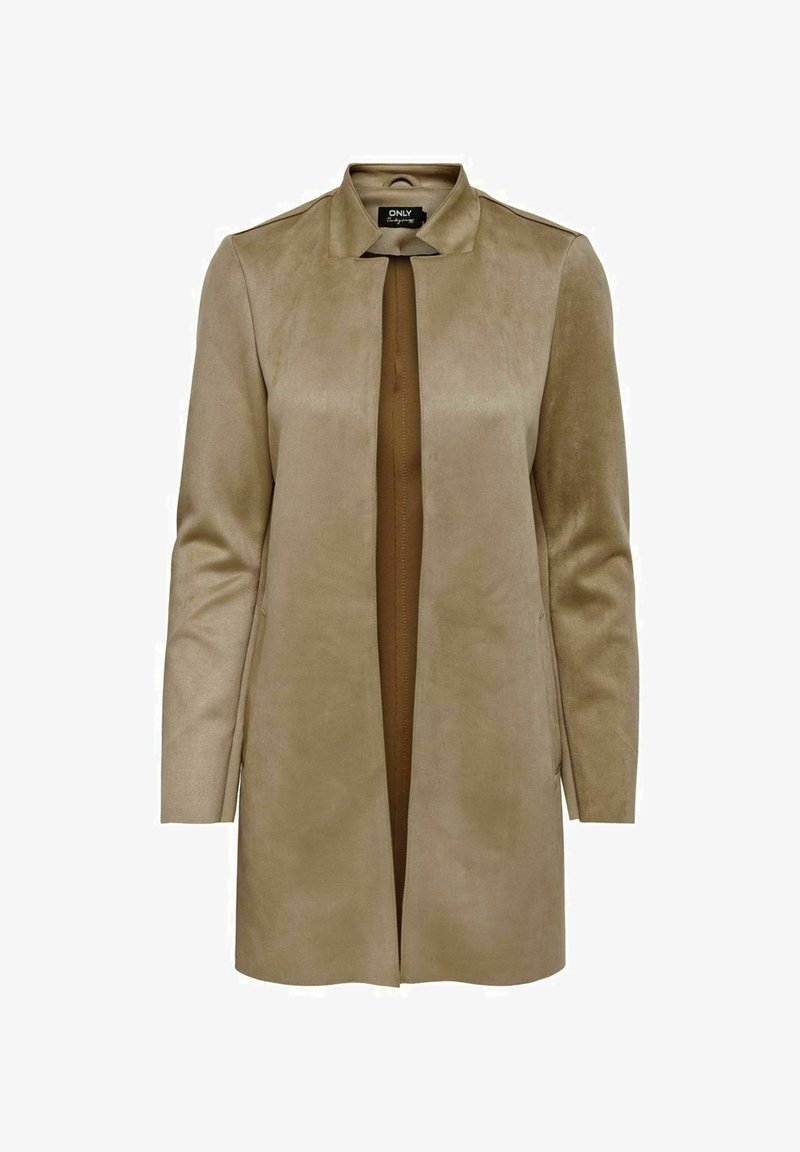 Ljusbrun suedekappa med liten krage, öppen front, långa ärmar och sidfickor, visad mot vit bakgrund.