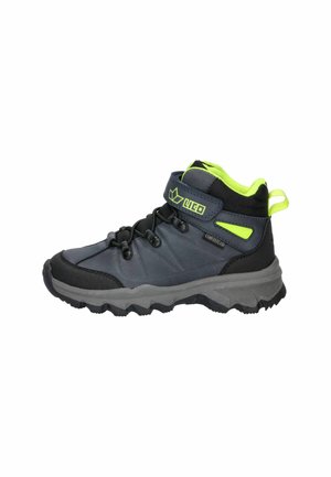 Grau und schwarz hoher Wanderschuh mit einem neongrünen Akzent, strukturiertem Obermaterial, verstellbarem Riemen und robuster Sohle für Traktion.