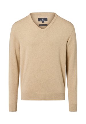 Beiger V-Ausschnitt-Pullover aus Bio-Baumwolle, mit langen Ärmeln, geripptem Saum und glattem, strukturiertem Stoff. Einfaches und klassisches Design.