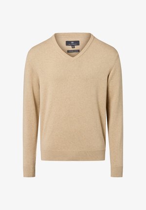 Pull en v beige en coton biologique, avec des manches longues, un ourlet côtelé et un tissu lisse et texturé. Design simple et classique.