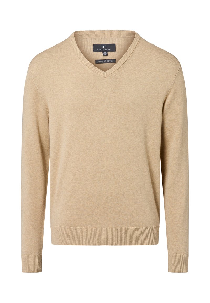 Beżowy sweter z dekoltem w serek, wykonany z bawełny organicznej, z długimi rękawami, ściągaczem i gładkim, teksturowanym materiałem. Prosty i klasyczny design.