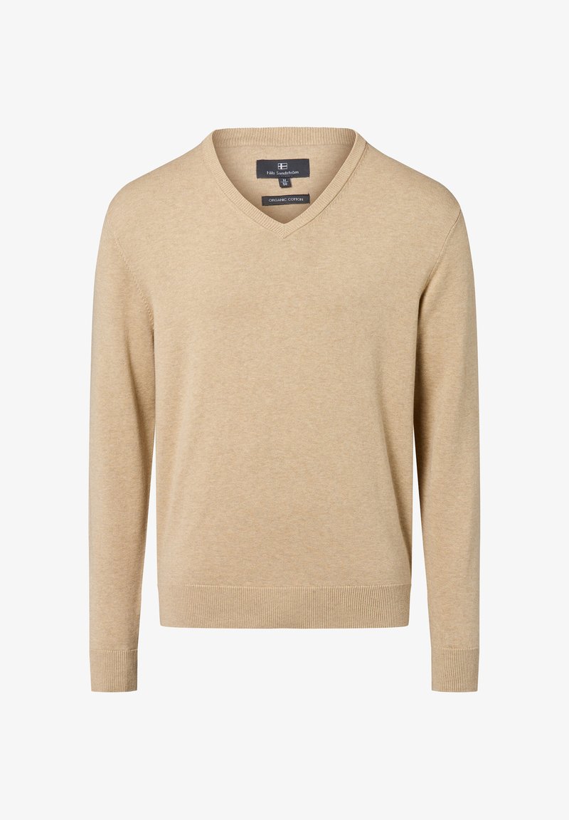 Maglione beige a collo a V realizzato in cotone biologico, con maniche lunghe, orlo a costine e tessuto liscio e strutturato. Design semplice e classico.