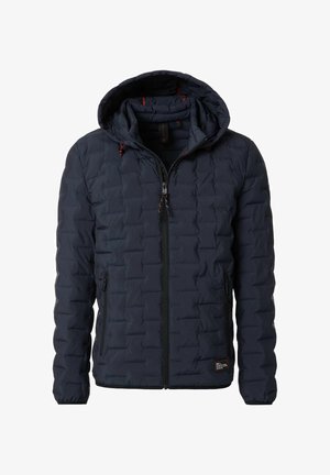Navyblau gesteppte Kapuzenjacke mit Frontreißverschluss, seitlichen Reißverschlusstaschen, elastischen Bündchen und roten Kordelzugakzenten.