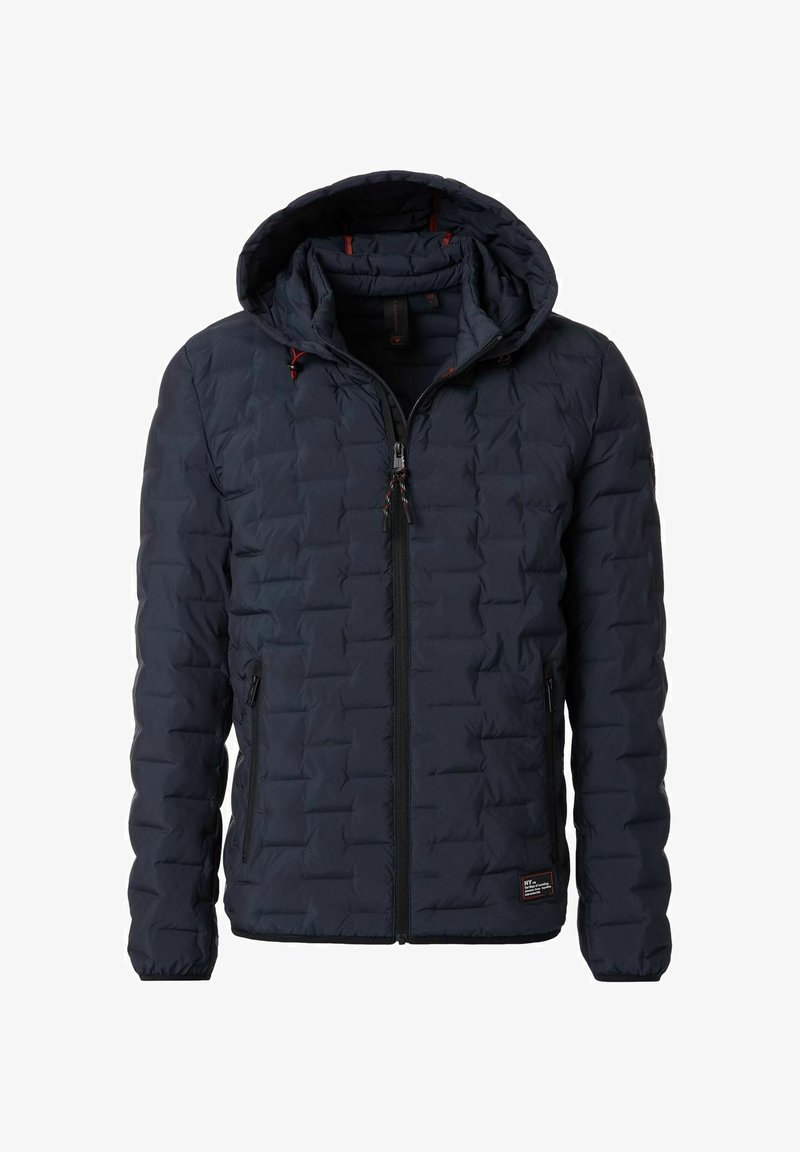 Navy blue quilted hooded jacket with front zipper, zippered side pockets, elastic cuffs, and red drawstring accents.