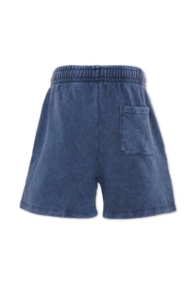 Shorts en éponge bleue avec taille élastique et une poche arrière unique du côté droit, présentés sur un fond blanc.