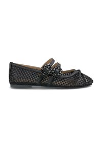 Bailarina negra hecha de material de malla texturizada, con dos acentos decorativos de cuentas negras y un diseño de punta redondeada.