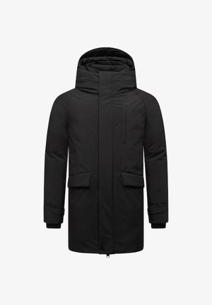 Parka nera isolante con colletto alto, cappuccio, due tasche frontali e design elegante. Il materiale sembra liscio e resistente all'acqua.