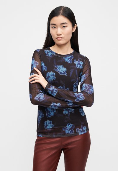 Long-sleeve floral top in sheer black fabric with blue and teal floral patterns. Features a round neckline and fitted silhouette.