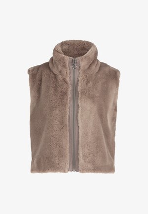 Faux fur vest in soft beige, featuring a high collar and full front zipper. Material has a plush, textured finish. No sleeves.