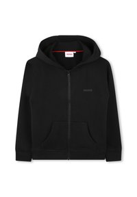 Sweat à capuche noir zippé en tissu doux, avec une poche frontale, des poignets côtelés, une capuche doublée et un logo discret sur la poitrine.