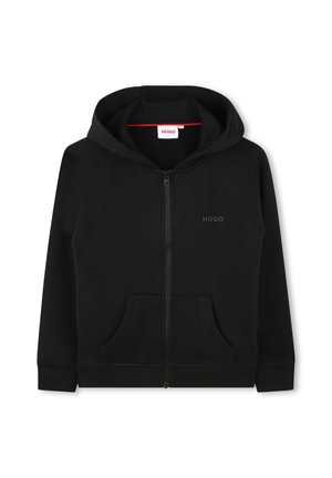 Sweat à capuche noir zippé en tissu doux, avec une poche frontale, des poignets côtelés, une capuche doublée et un logo discret sur la poitrine.