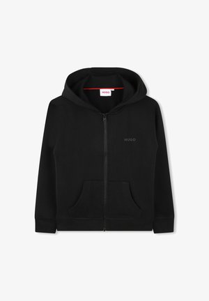 Sweat à capuche noir zippé en tissu doux, avec une poche frontale, des poignets côtelés, une capuche doublée et un logo discret sur la poitrine.