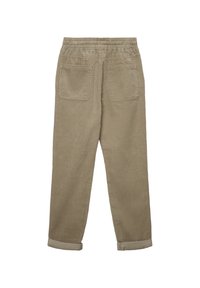 Pantaloni in corduroy khaki con cintura elastica, due tasche posteriori e orli ripiegati. Presentano righe verticali in rilievo su tutta la superficie.