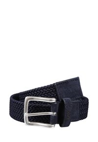 Cintura intrecciata blu navy con tessuto testurizzato, elegante fibbia in metallo argento e dettagli in pelle, ideale per abbigliamento casual e formale.