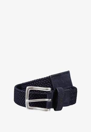 Cintura intrecciata blu navy con tessuto testurizzato, elegante fibbia in metallo argento e dettagli in pelle, ideale per abbigliamento casual e formale.