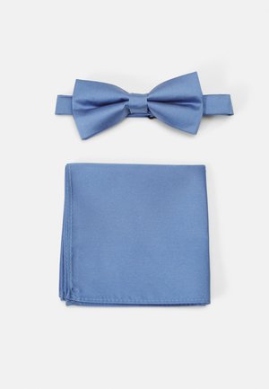 Light blue satin bow tie and pocket square set, featuring a classic bow design and a smooth texture. Both accessories are neatly folded.