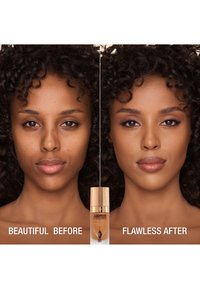 Image shows before-and-after skin transformation. Left: natural skin tone with blemishes. Right: smooth complexion. Center: liquid foundation bottle in gold.