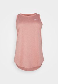 Camiseta deportiva rosa sin mangas con escote redondo y dobladillo curvado. Fabricada con tejido texturizado, con un pequeño logo de Nike en el frente.