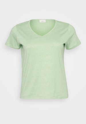 Šviesiai žalia, trumpomis rankovėmis V formos marškinėliai pagaminti iš minkštos, šiek tiek blizgios medžiagos su paprastu ir švariu dizainu.