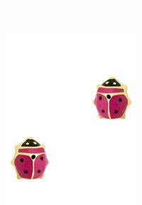 Orecchini a forma di coccinella rosa con macchie e dettagli neri, dotati di una finitura in smalto lucido e contorni dorati.