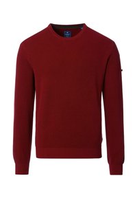 Roter gestrickter Pullover mit rundem Ausschnitt, strukturiertem Muster und gerippten Bündchen. Mit seitlichen Schlitzen für mehr Bewegungsfreiheit, ausgestattet mit einem dezenten Logo auf dem Ärmel.