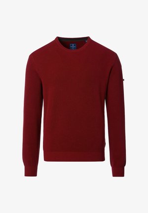 Roter gestrickter Pullover mit rundem Ausschnitt, strukturiertem Muster und gerippten Bündchen. Mit seitlichen Schlitzen für mehr Bewegungsfreiheit, ausgestattet mit einem dezenten Logo auf dem Ärmel.