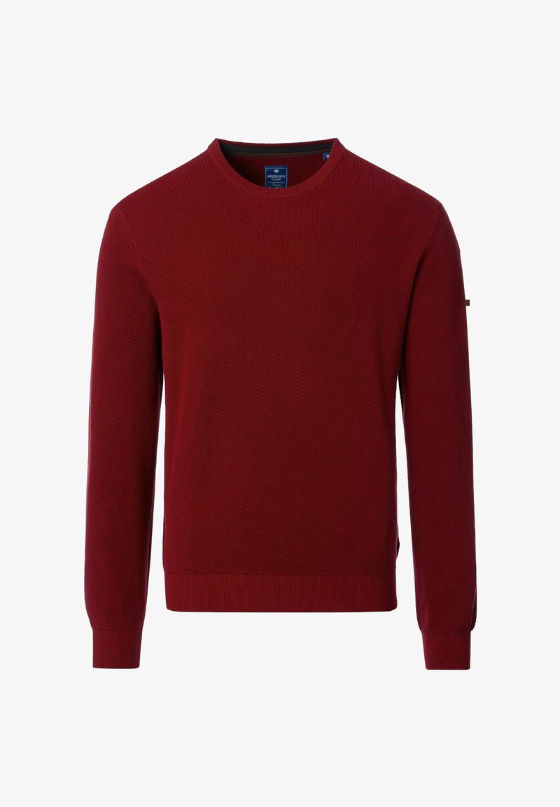 Roter gestrickter Pullover mit rundem Ausschnitt, strukturiertem Muster und gerippten Bündchen. Mit seitlichen Schlitzen für mehr Bewegungsfreiheit, ausgestattet mit einem dezenten Logo auf dem Ärmel.
