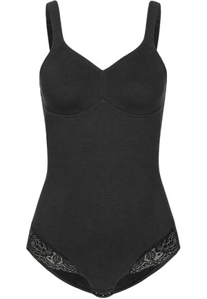Bodysuit noir avec une finition en tissu lisse, doté d'un décolleté en V et de dentelle sur les côtés, avec des bretelles ajustables et une coupe ajustée.