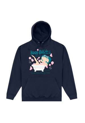 Granatowy hoodie z rysunkowym motywem dziewczyny w kąpieli bąbelkowej, z różowymi bąbelkami i napisem "Boop Bubbles" w zabawnym typograficznym stylu.