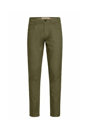 Olive green cotton trousers, straight cut, featuring five pockets, a button closure, and minimal stitching details. Durable fabric texture.
