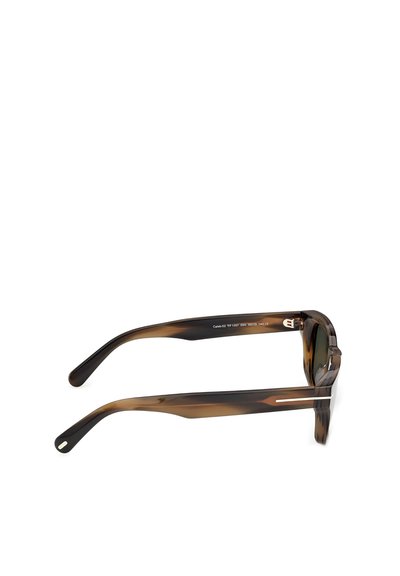 Brown tortoiseshell rectangular sunglasses with thick arms and dark lenses shown from the side on a white background.