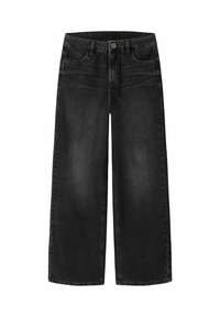 Jean noir à jambe large avec une taille mi-haute, fabriqué en denim, présentant un design standard à cinq poches et une fermeture à bouton à l'avant.