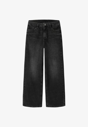 Czarne jeansy o szerokich nogawkach z średnim stanem, wykonane z denimu, z klasycznym pięciokomorowym krojem i zapięciem na guzik z przodu.