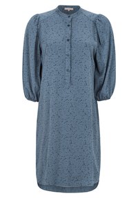 Abito blu con bottoni realizzato in tessuto testurizzato, caratterizzato da un colletto rotondo, maniche lunghe a sbuffo e un motivo nero sparso.