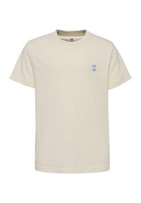 Cremefarvet bomulds T-shirt med rund halsudskæring. Har et lille blåt chevron-logo på venstre bryst. Korte ærmer og lige kant.
