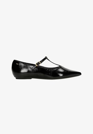 Ballerines noires en cuir verni avec un bout pointu et un design à bande T. Comprend une petite boucle dorée et une finition texturée subtile.