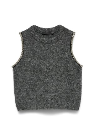 Grå ærmeløs pullover lavet af tekstureret strik med dekorative perler langs ærmegabene og rund hals.