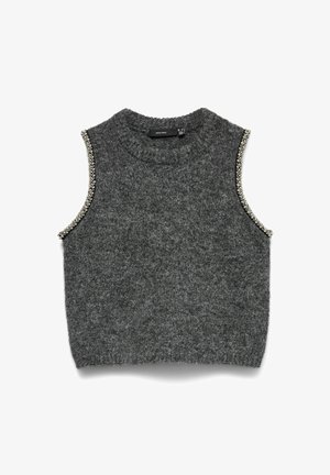 Szary bezrękawnik wykonany z teksturowanego dziania, zdobiony dekoracyjnymi koralikami wzdłuż pach oraz o okrągłym dekolcie.