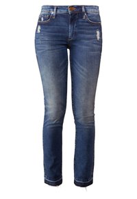 Tmavě modré džíny z denimu s úzkým střihem, s lehkým poškozením, bledým vzhledem a surovými okraji. Pětivreckový design s knoflíkovým zapínáním.