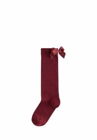Maroon knee-high sock in soft material, features a satin bow accent on the side, smooth texture, and rounded toe design.
