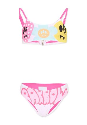 Maillot de bain deux pièces avec bretelles roses, visages de dessins animés colorés sur le haut, et texte graphique rose sur le bas, tous deux ornés de petites strass.