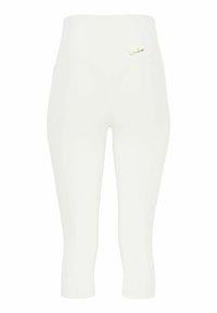 Leggings blancs taille haute et courts avec un petit logo doré « Winshape » sur la hanche gauche, coupe ajustée et sans coutures.