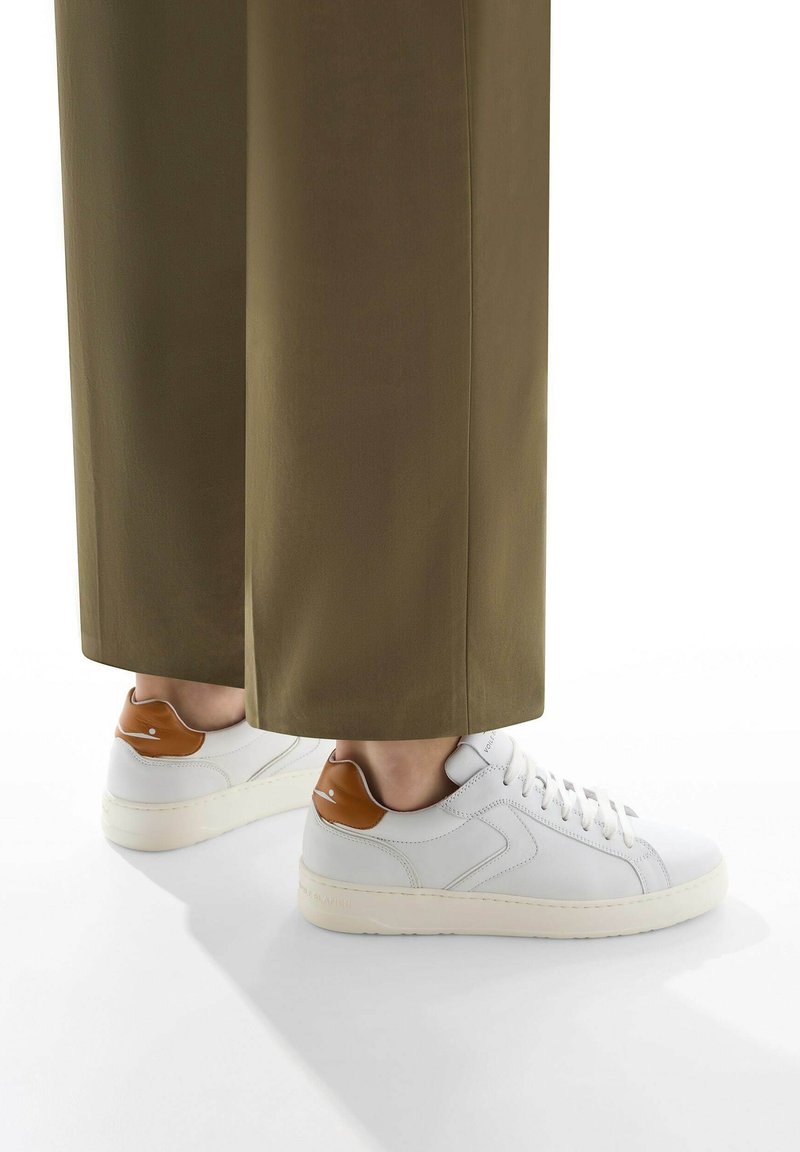 Zapatillas blancas con detalles en color marrón claro, usadas con pantalones anchos de pierna en tono oliva, mostradas desde atrás sobre un fondo blanco.