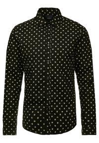 Camicia nera a maniche lunghe con piccoli motivi a foglia verde, chiusura con bottoni nella parte anteriore, colletto classico e orlo curvo. Tessuto morbido.