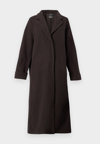 Duga, tamnosmeđa kaput od mješavine vune, sa izrezanim ovratnikom, dva prednja džepa i prevrnutim rukavima. Jednostavan, elegantan dizajn.