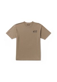 T-shirt en coton beige à manches courtes, col rond, avec un petit logo noir sur la poitrine gauche. Texture lisse et design décontracté.